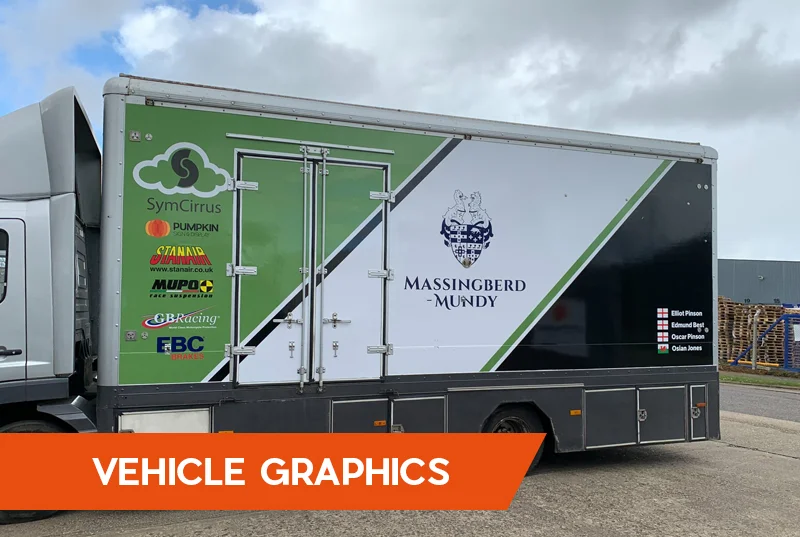 Vehicle Graphics with van showing vehicle wraps behind